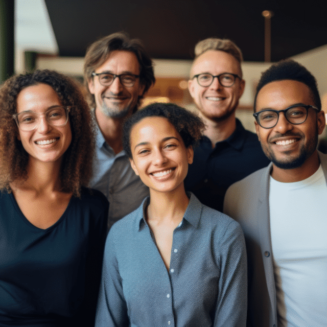 A group of smiling business people posing together for a cheerful corporate image.