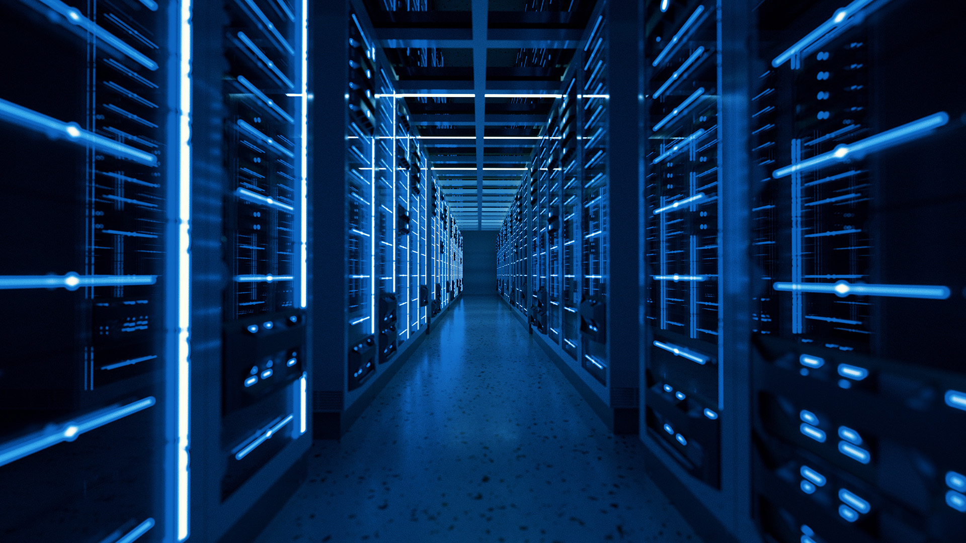 An image of a server room with blue lights.