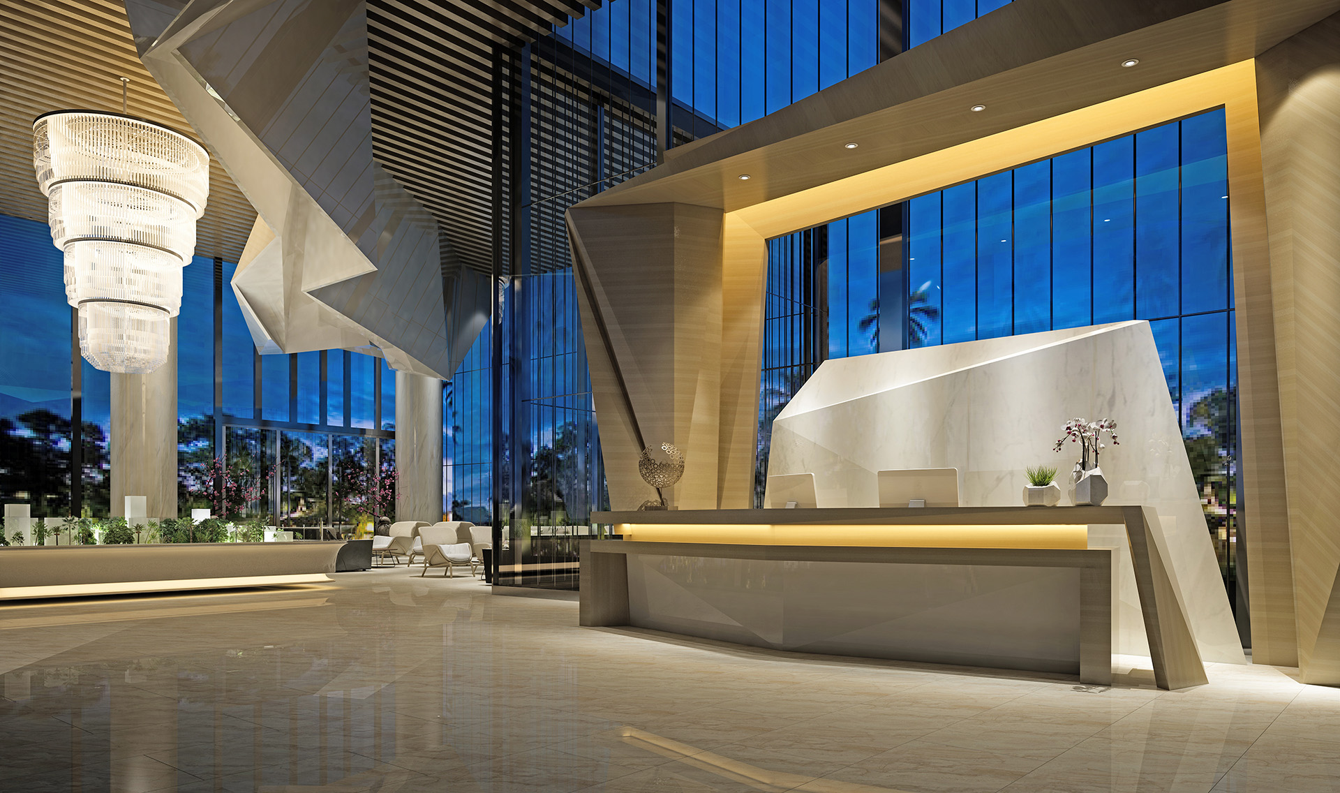 The lobby of a modern hotel at night.